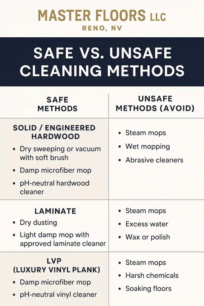 Graphic showing plank flooring care dos and don'ts